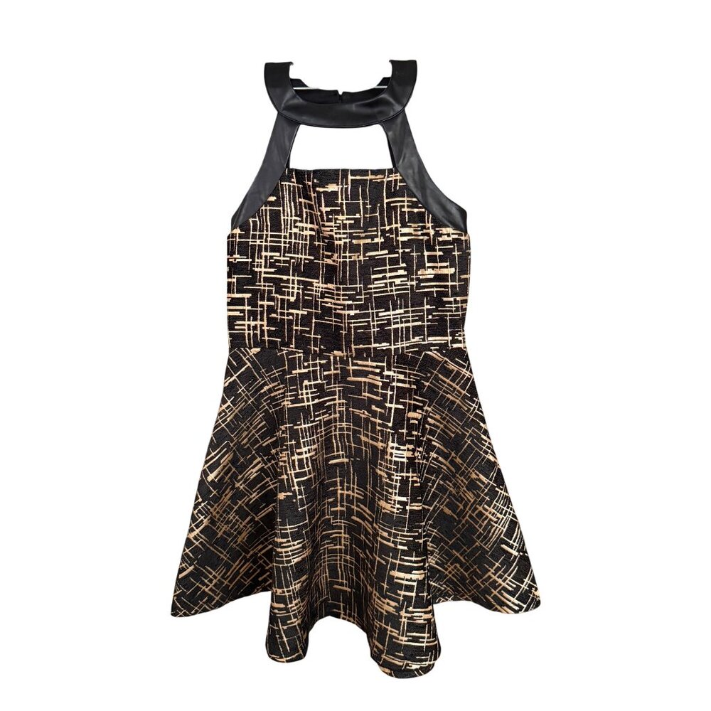 Miss Behave Girls Black & Gold Textured Halter Dress Size 10 With Faux Leather D
